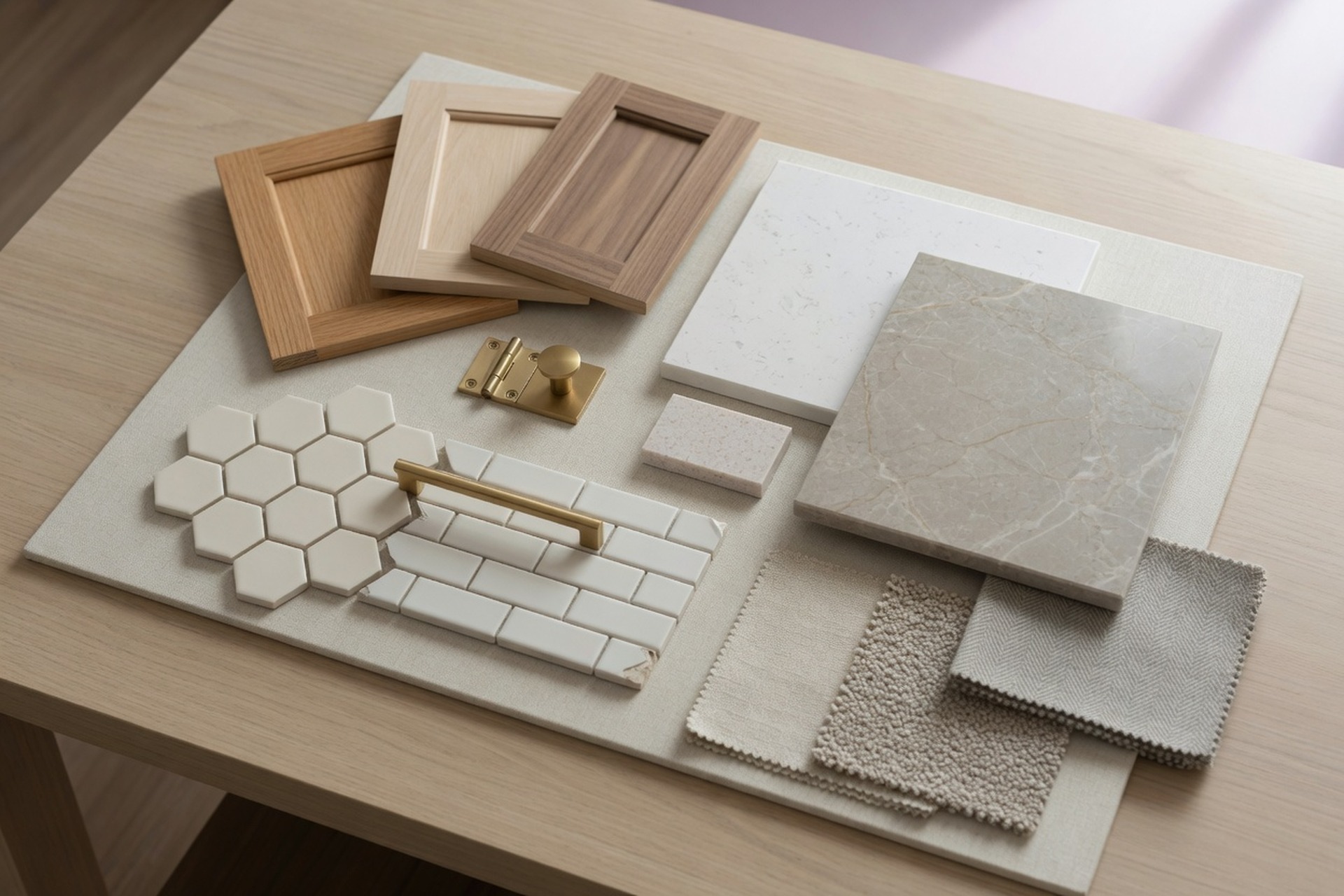 Kitchen design inspiration board — cabinet samples, tile, stone, and hardware
