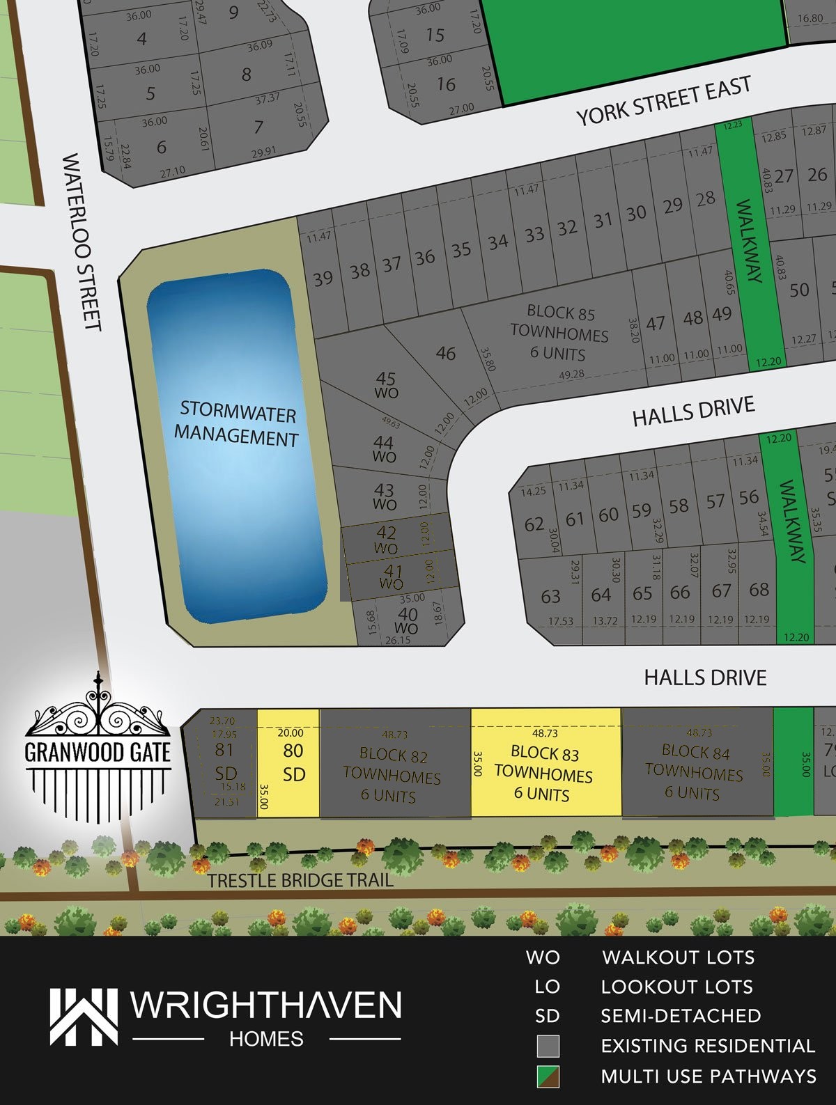Granwood Gate community site plan — available lots highlighted