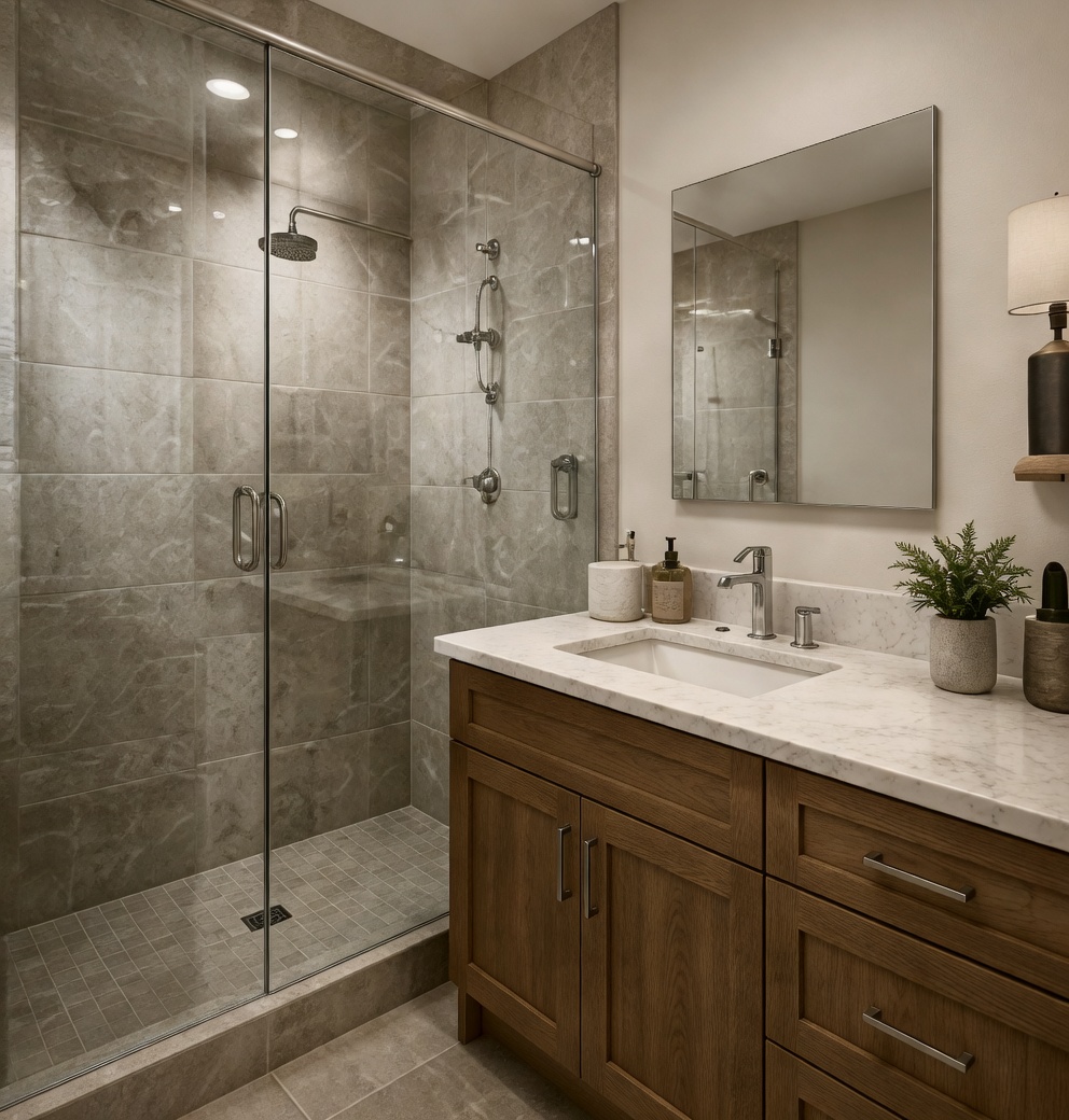 Ensuite glass shower at The Pines
