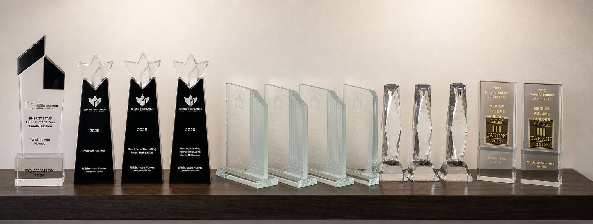 WrightHaven Homes awards on the office shelf, including 2026 Grand Highlands trophies, ENERGY STAR Builder of the Year, and Tarion Builder of the Year.