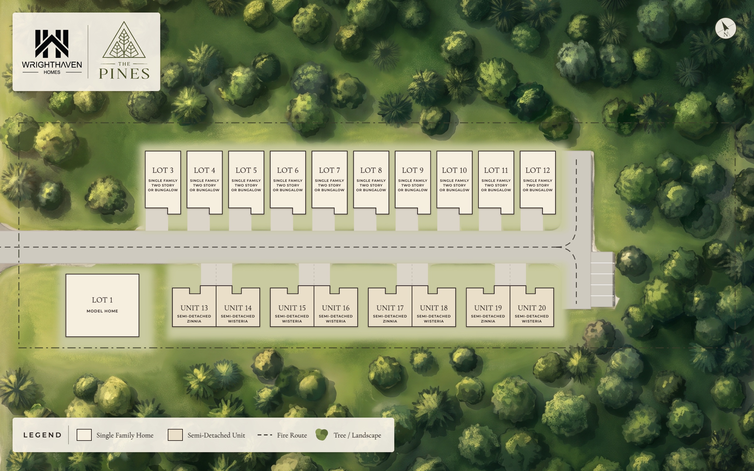 The Pines community site plan in Fergus, showing numbered lots, a fire route, and surrounding woodland